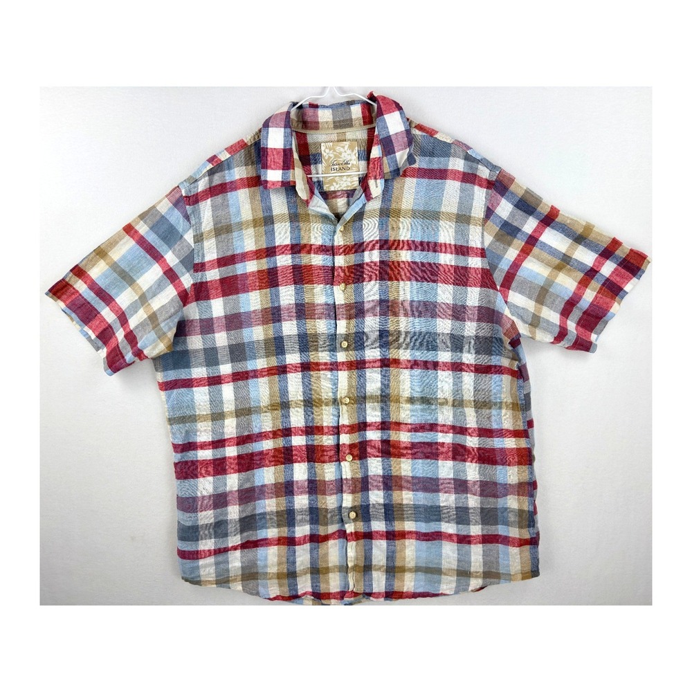Tasso Elba Island Mens Shirt Large Linen Cotton Plaid Short Sleeve Button Up